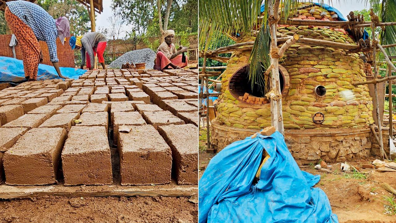 A guest bedroom built with a technique called earthbags, using onion sacks filled with mud and lime, and compacted; sun dried bricks called adobe