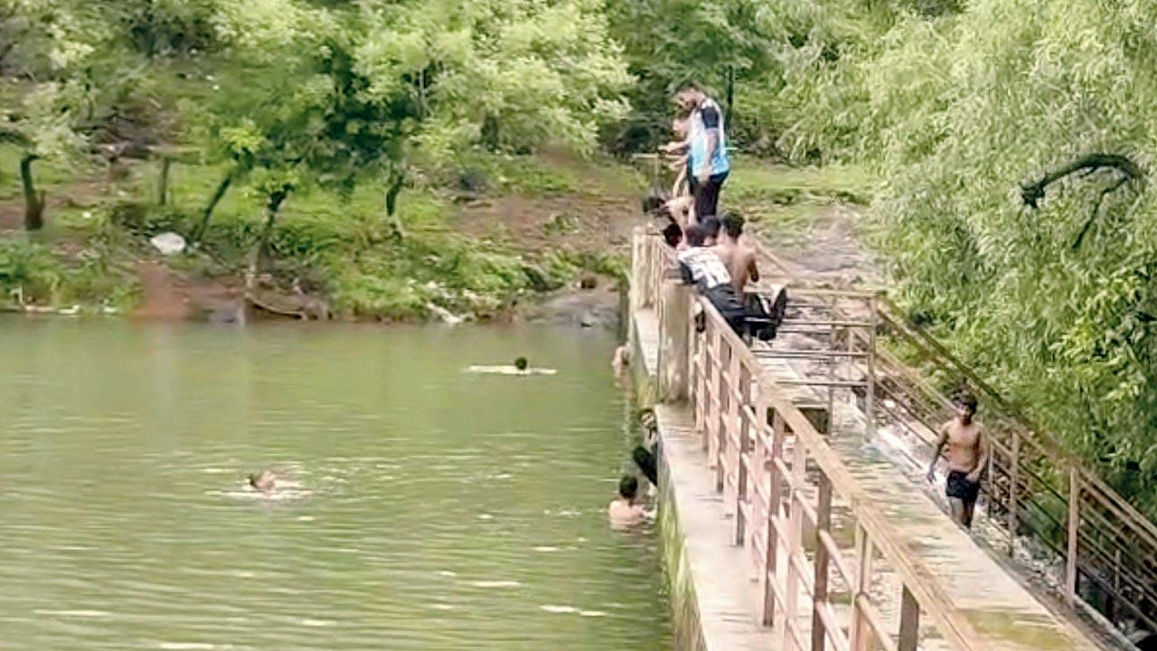 Youngsters jump for a swim in a dam in Virar