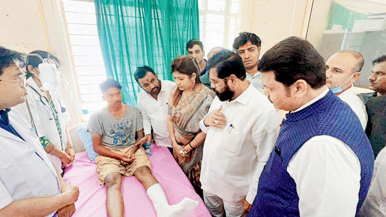 CM Eknath Shinde and Deputy CM Devendra Fadnavis meet the injured victims at Rural Hospital Deulgaon Raja in Buldhana