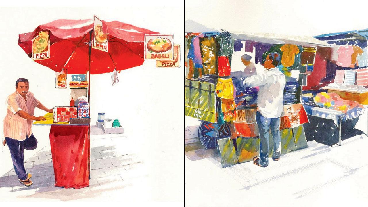 (Left) A food stall painted by Zainab Tambawalla; (right) a cloth vendor Pic courtesy/Instagram