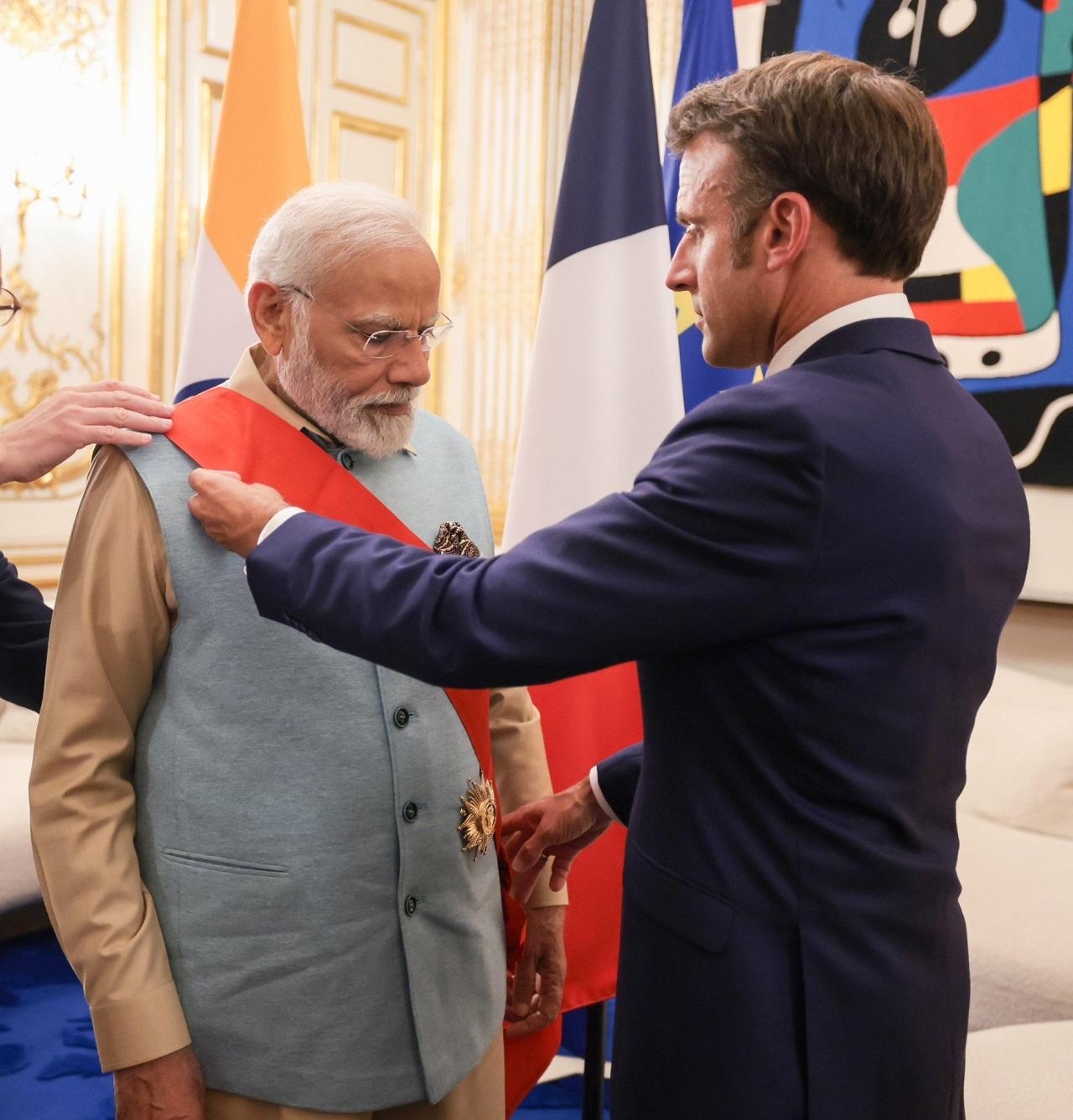 PM Modi received the honour at the Elysee Palace here on Thursday and joined the ranks of other prominent world leaders such as the former president of South Africa Nelson Mandela, King Charles - the then Prince of Wales, former Chancellor of Germany Angela Merkel, Boutros Boutros-Ghali, former Secretary General of the United Nations, among others
