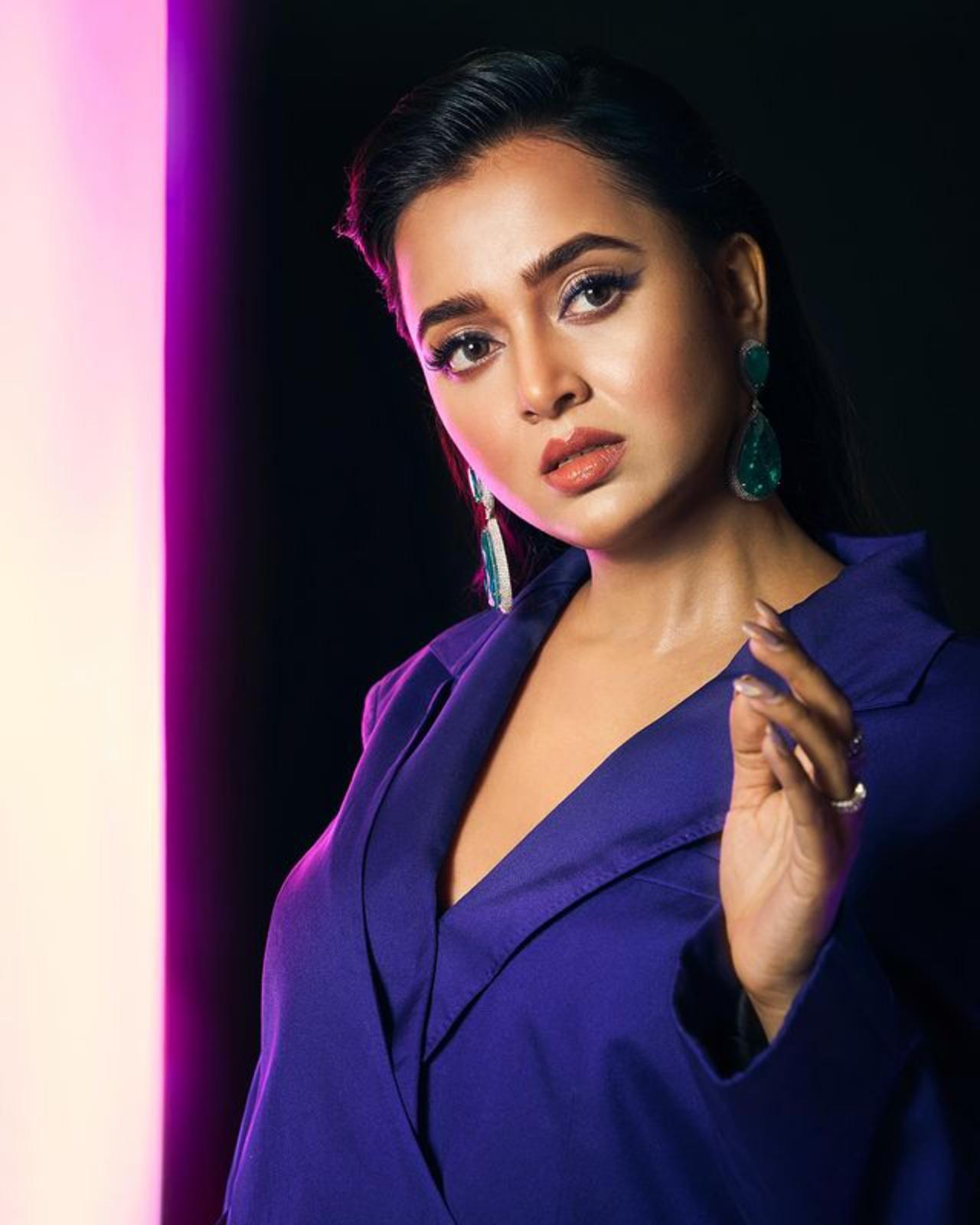 The actress with this purple co-ord set looks completely like a boss lady