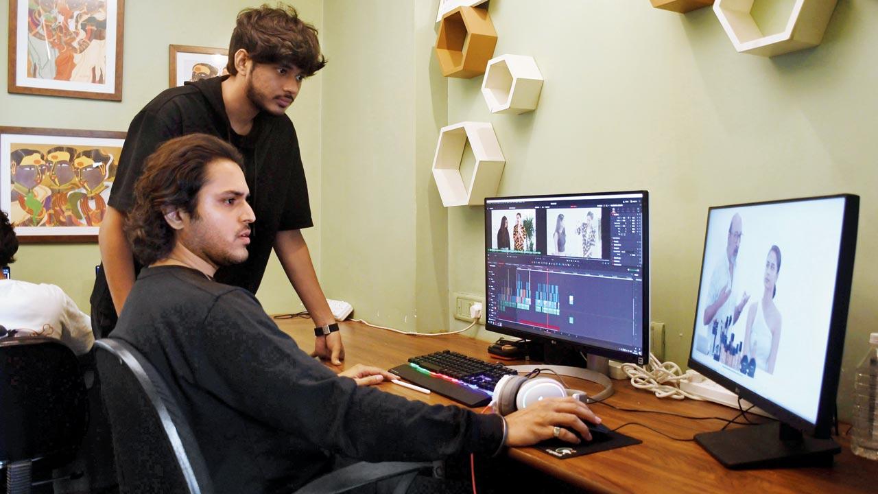 Samarth Bajaj, co-founder and CEO of The Designer’s Class, and his team, screening the edits of a masterclass video. Pic/Ashish Raje