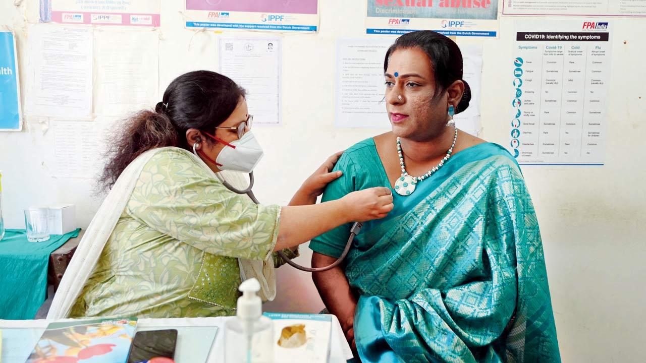 A doctor examines a transgender woman at a free clinic for members of the community in Hyderabad earlier this year. Easy access to expert medical opinion at centres such as these can help spread awareness about the dangers of self-prescribed hormone therapy, say activists. Pic/Getty Images