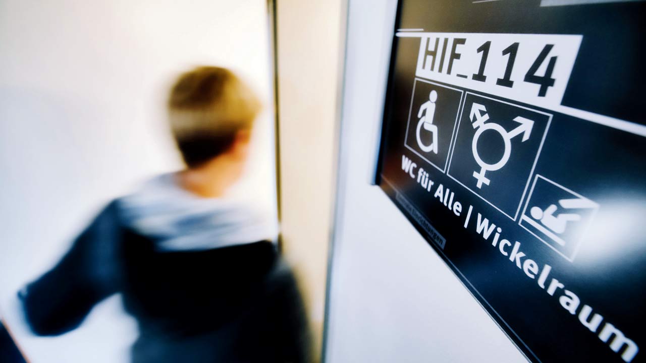 The transgender sign on an all gender toilet at a university in Hildesheim, Germany. Unlike in developed countries, India lacks easy access to public toilets for trans persons or those transitioning. Queer activists say one of the reasons for the urgency to transition through self-medication is to tide over this social awkwardness. Pic/Getty Images