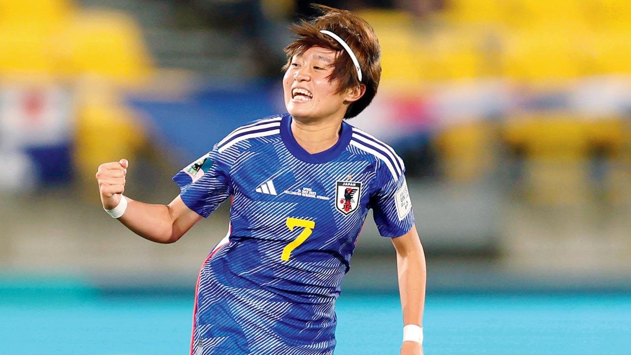 Japan’s Hinata Miyazawa celebrates a goal against Spain 