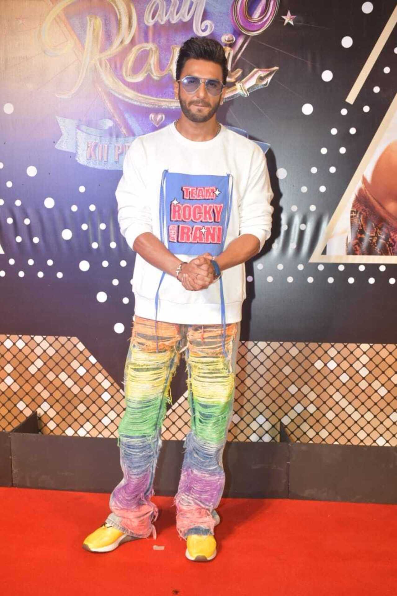 Ranveer Singh, who plays Rocky, a Punjabi boy, was also present at the screening and made an impression with his distinctive fashion sense