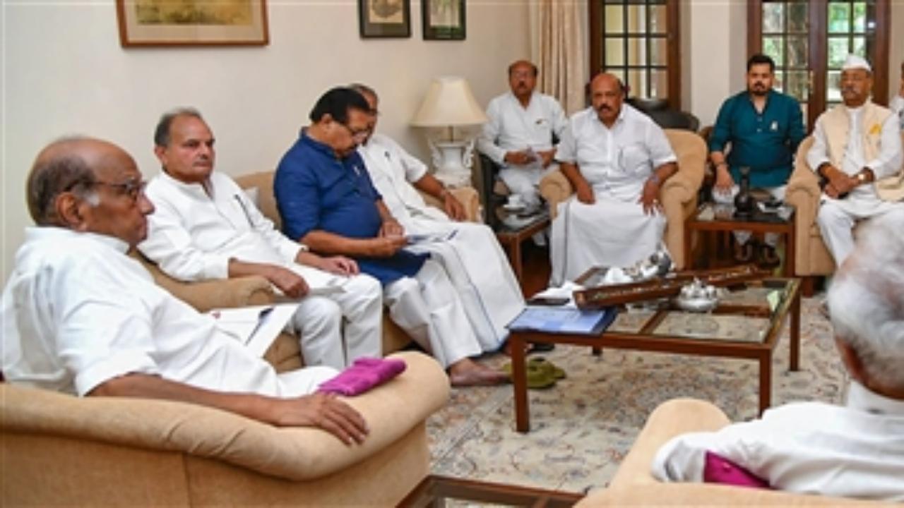 Nationalist Congress Party (NCP) chief Sharad Pawar during a meeting with the party’s state Presidents and General Secretaries at his residence, in New Delhi (Pic/PTI)
