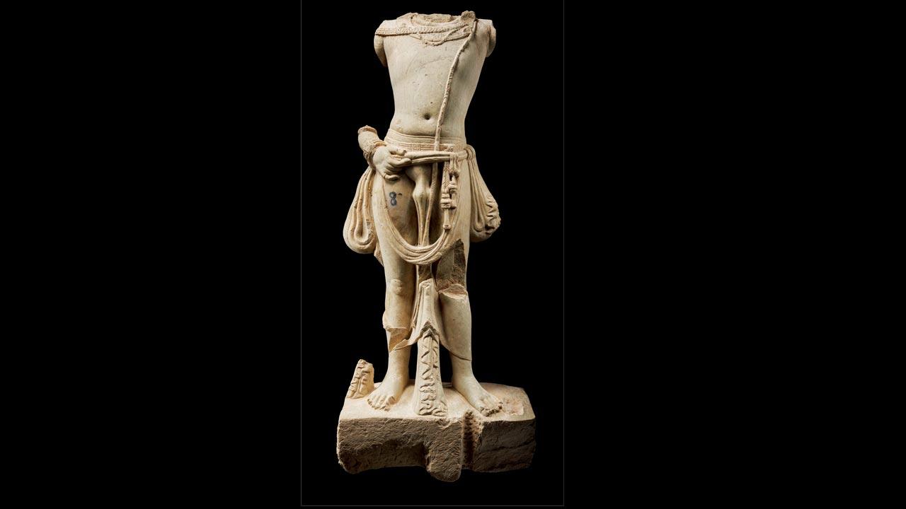 Mahapurusa figure, a yaksa honouring the Buddha Phanigiri, Nalgonda district, Telangana, Iksvaku, 3rd–4th century CE, excavated in courtyard adjoining the apsidal shrines, Phanigiri, 2002—3, limestone, 193 × 100 × 31 cm, collection: Department of Heritage Telangana. Pics Courtesy/Tree and Serpent: Buddhist Art from India by John Guy, Reproduced with permission from Mapin Publishing