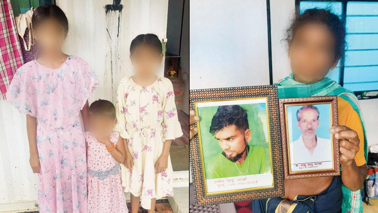 The girls, all minors, were at boarding school when the landslide buried their entire family (right) A 62-year-old holds the photos of her husband and son, whose bodies could not be retrieved