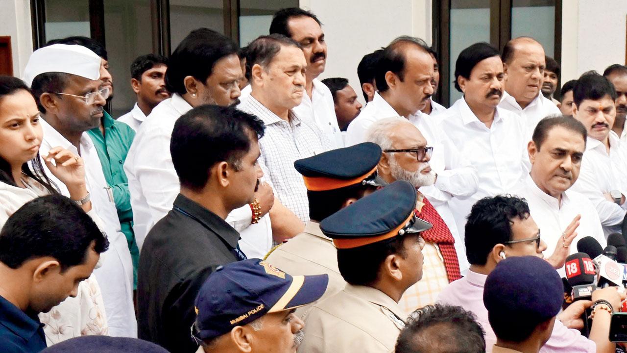 Deputy Chief Minister Ajit Pawar and his fellow NCP rebels at YB Chavan Centre on Sunday. Pic/Ashish Raje