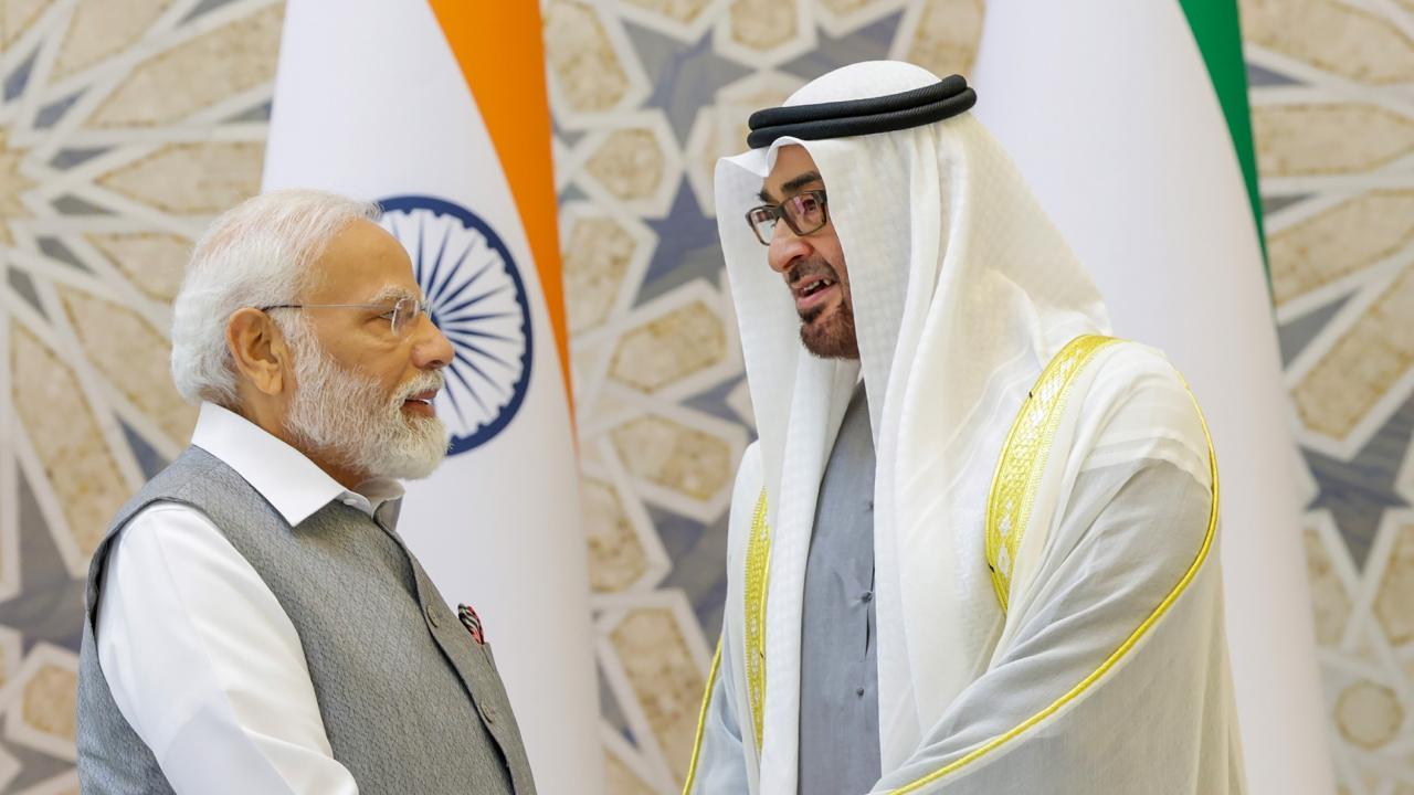Prime Minister Narendra Modi and UAE President Sheikh Mohamed bin Zayed Al Nahyan during a meeting at Qasr Al-Watan in Abu Dhabi. Pics/PTI