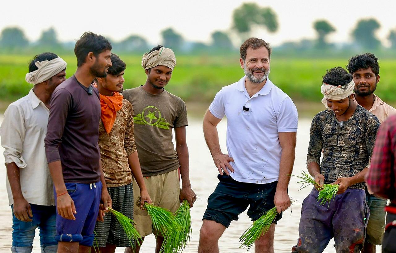 Gandhi reached the village amid a light drizzle at 6.40 am and spent nearly two-and-a-half hours there, they said