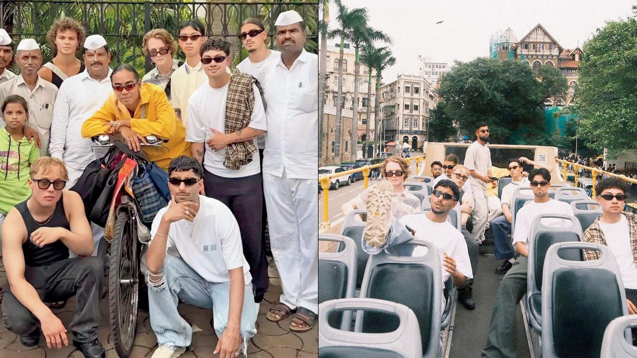 (From left) Members of Quick Style pose with dabbawalas; during the open bus tour. Pics courtesy/Instagram