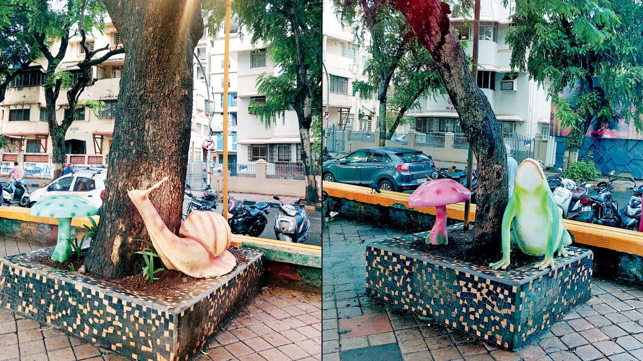 (Left) A snail catches the attention of walkers; (right) a frog installation by the tree at Shivaji Park