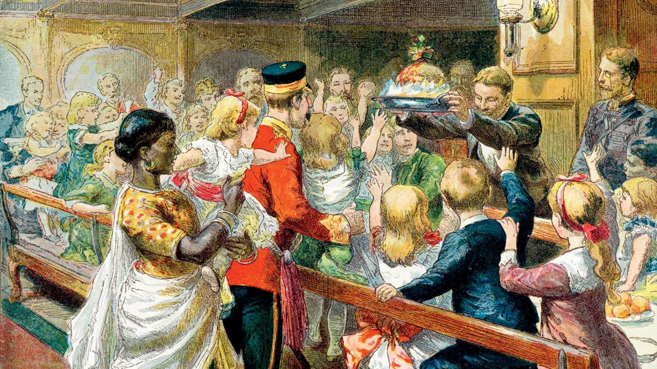 A travelling ayah is seen with a child in this painting titled, Children’s Christmas Dinner at Sea, from the Graphic Christmas Number, 1889. Pic/Getty Images