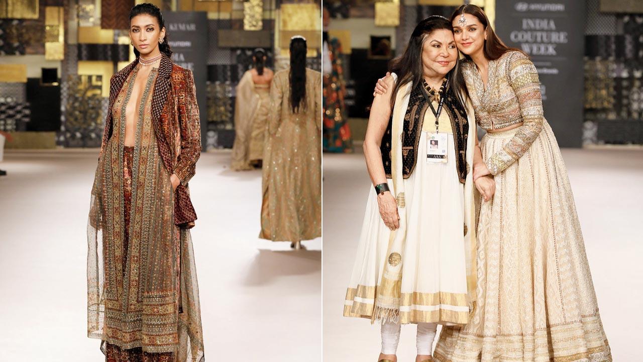 Model Lakshmi Rana in the couturier’s creation; (right) Ritu Kumar with showstopper Aditi Rao Hydari