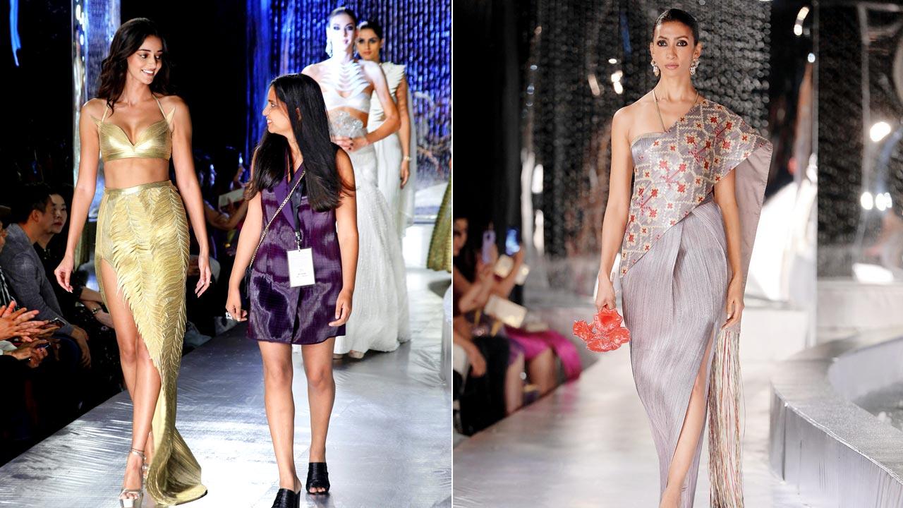 Showstopper Ananya Panday closed Rimzim Dadu’s show in a matte gold bustier and cocktail skirt textured in fern cutwork; (right) model Lakshmi Rana in a Patola ikat weave-inspired saree gown