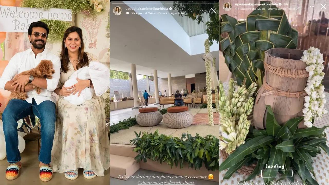 The family conducted a beautiful naming ceremony for their daughter in Hyderabad on June 30. On her Instagram stories, Upasana shared sneak peaks of the ongoing prep. The videos showed a spacious verandah-style space tastefully decorated with mango leaves and white flowers. A tree-like structure had been created in the middle of the courtyard – and the natural minimalist theme accentuated the significance of the occasion