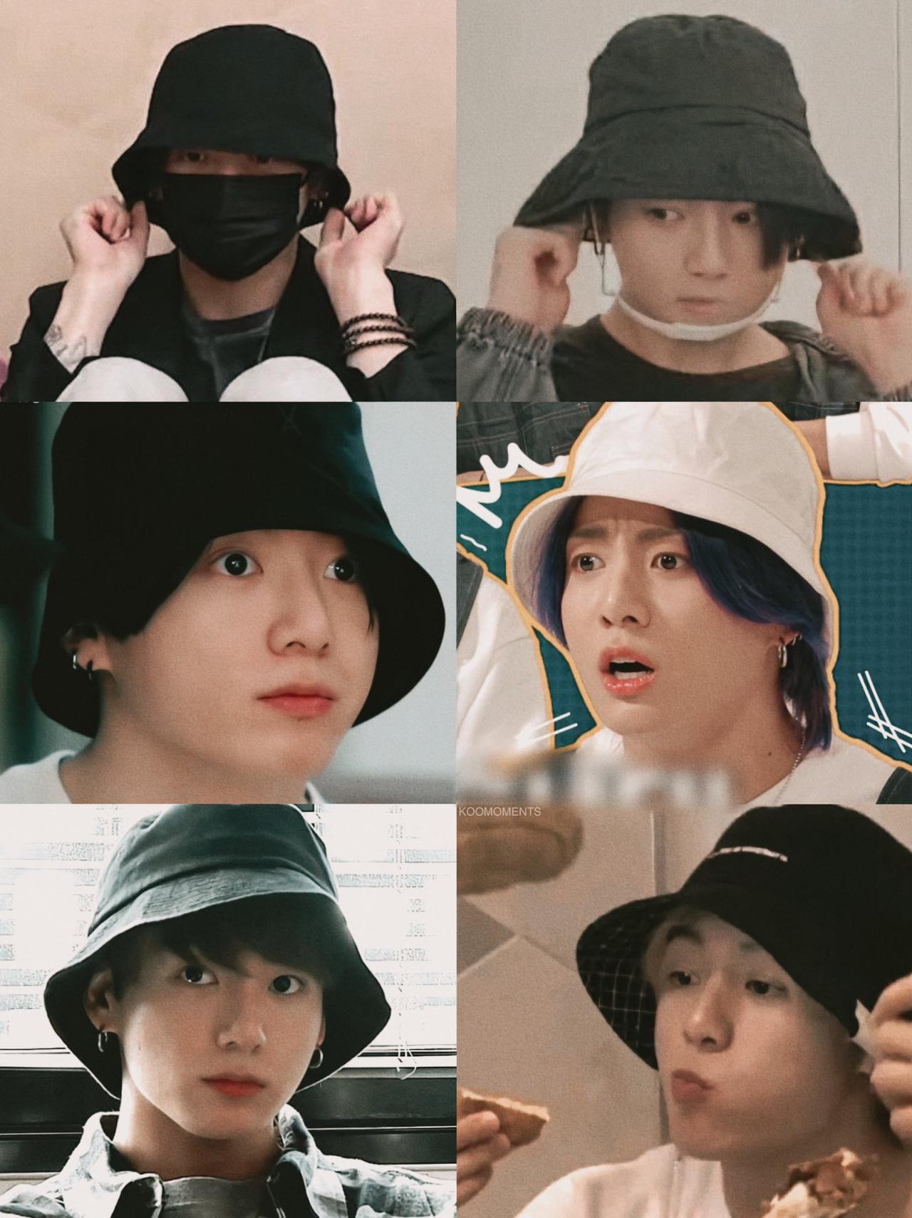 Another essential item in the maknae's closet is his dear bucket hat! The two are almost inseparable - a bucket hat, a beanie or cap feature in nearly every outfit that the artist wears. Jungkook looks absolutely adorable when he pulls on his bucket hat over his ears and doe eyes
