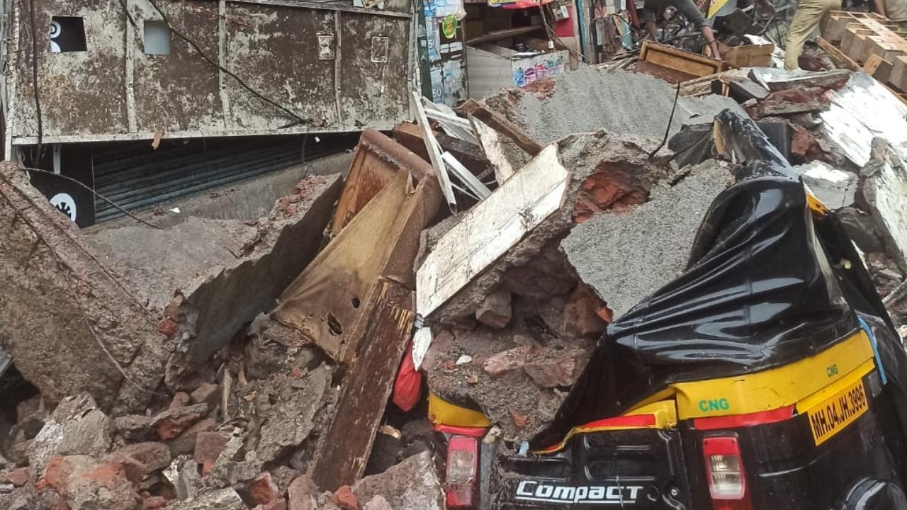 The incident left behind a large pile of debris and damaged an auto-rickshaw, an official said