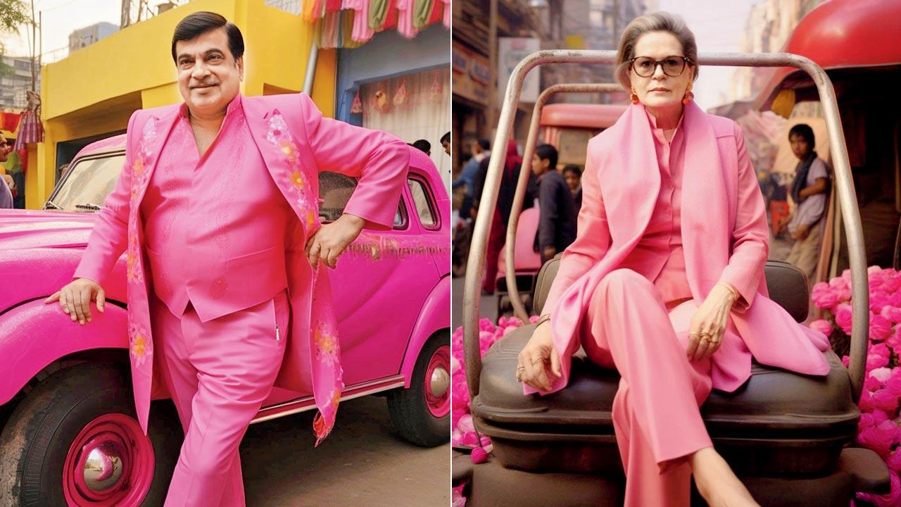 (From left) AI art reimagines Nitin Gadkari and Sonia Gandhi in Barbie-themed overalls
