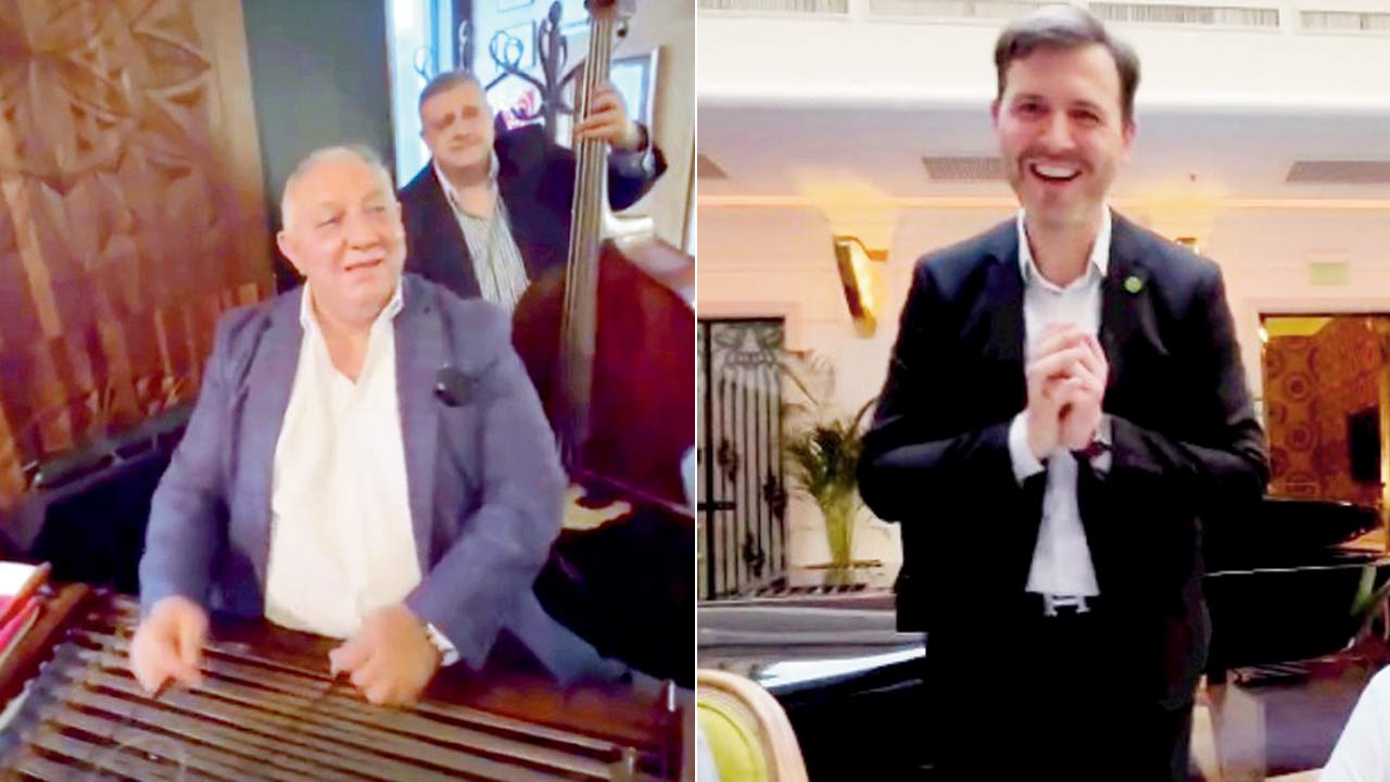 (Left) The duo at the restaurant playing cimbalon and cello; (right) the restaurant manager performing