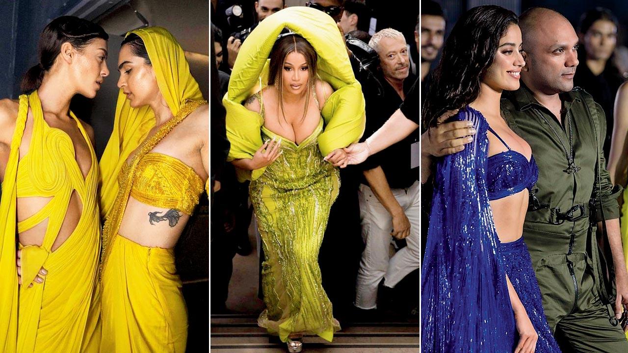 (Clockwise) Models in couture saree-gowns; Cardi B at the Paris show; Gaurav Gupta with showstopper Janhvi Kapoor
