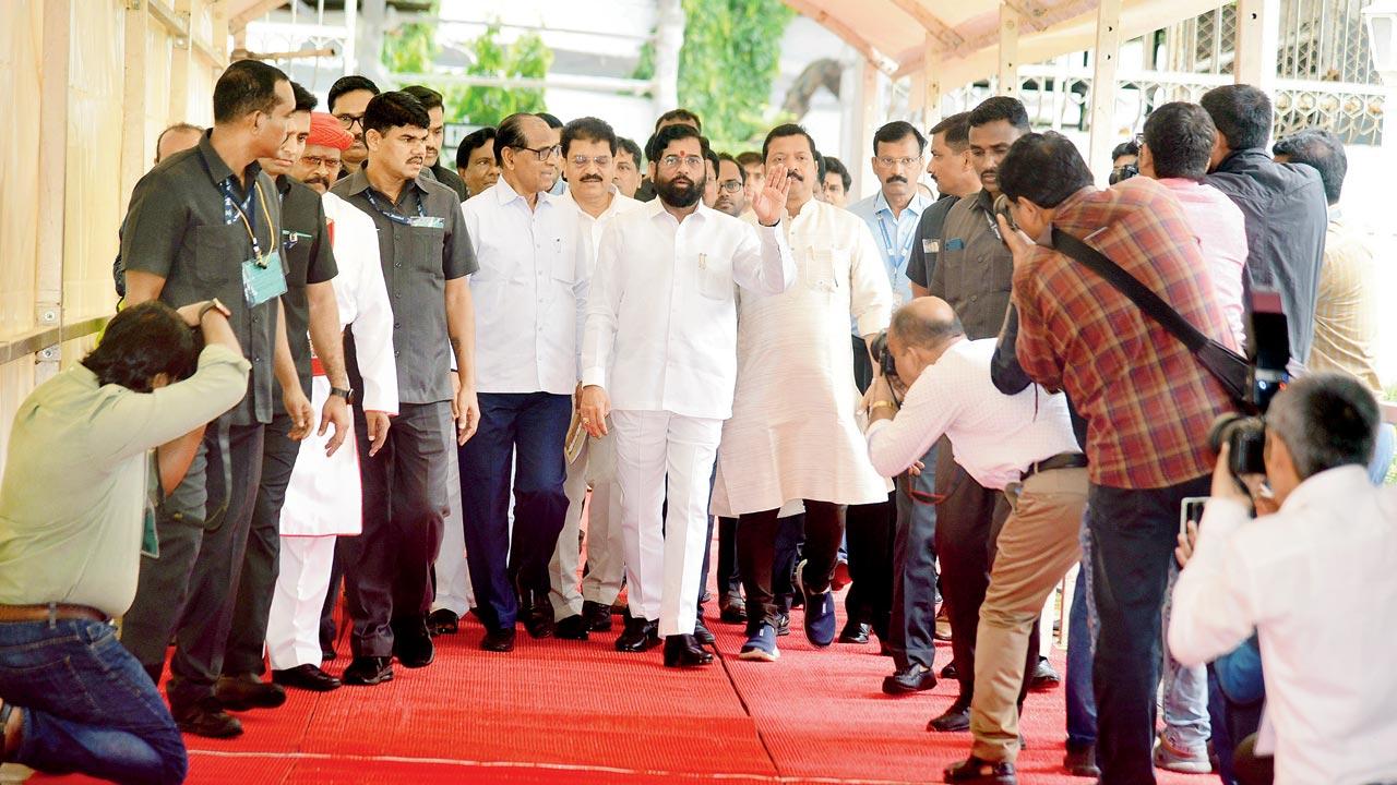 Chief Minister Eknath Shinde at the Vidhan Bhavan on Wednesday. Pics/Atul Kamble