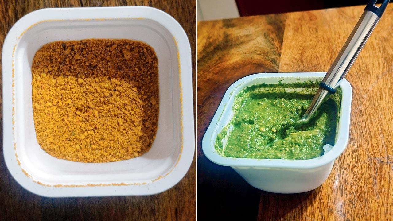 Tomato chutney without water; (right) Mint chutney