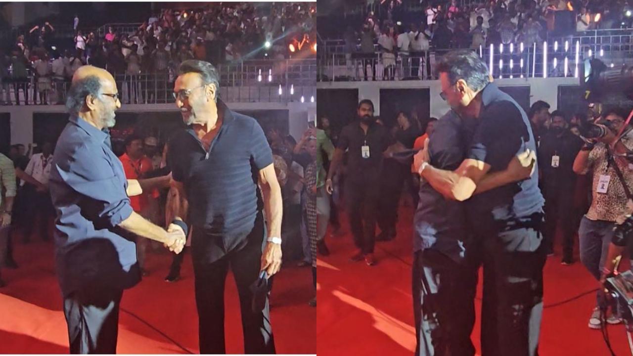 Rajinikanth lights up on seeing Jackie Shroff at the audio launch of Jailer; gives him a warm hug