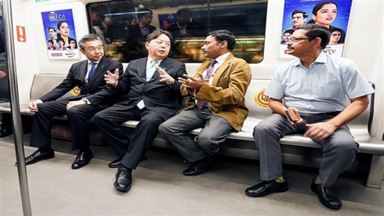 Japanese Foreign Minister Yoshimasa Hayashi, who is on his two-day visit to India, took a ride on Delhi metro on Friday. Photos/ANI