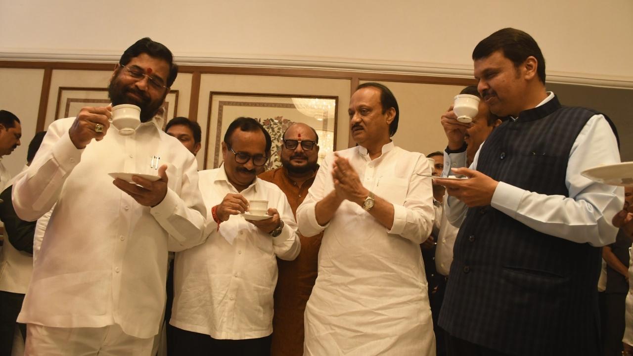 CM Eknath Shinde along with Deputy CMs Devendra Fadnavis and Ajit Pawar attended the tea party at Sahyadri guest house in Mumbai (Pic/Ashish Raje)