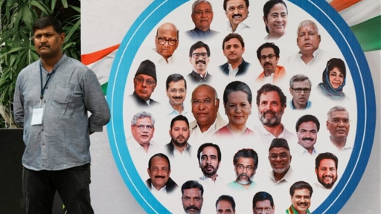 A poster of opposition leaders put up outside the venue of the united opposition meeting, in Bengaluru (Pic/PTI)