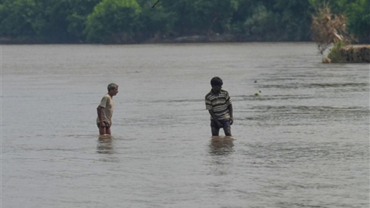 Men in the swollen Yamuna river, in New Delhi
 