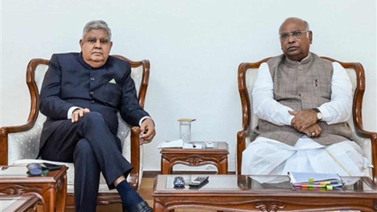 Vice President Dhankhar interacts with LoP Kharge in Parliament