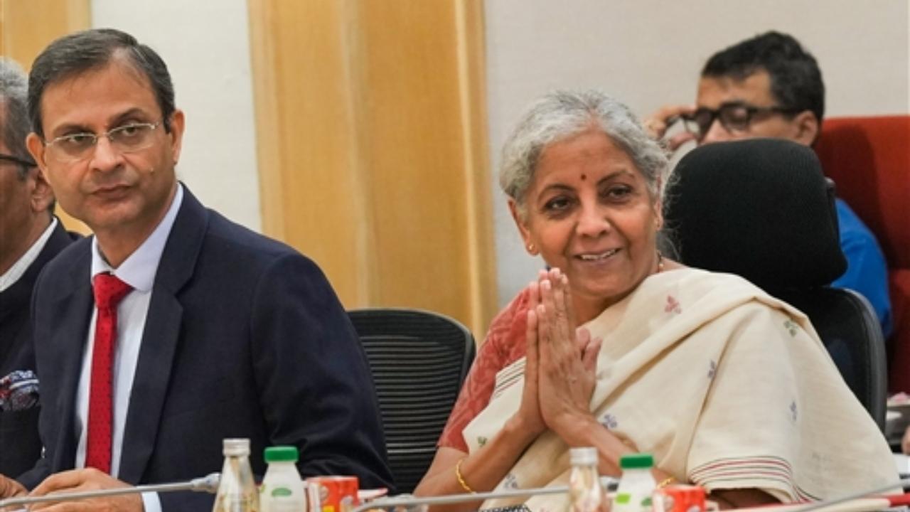 Union Finance Minister Nirmala Sitharaman with Revenue Secretary Sanjay Malhotra during the 50th Goods and Services Tax (GST) Council Meeting at Vigyan Bhawan, in New Delhi
 