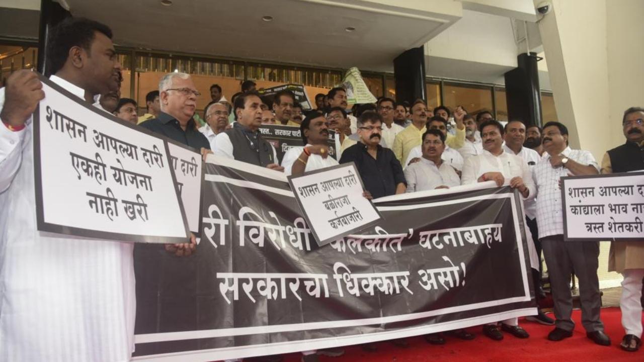 Leaders of the Maha Vikas Aghadi (MVA) comprising the Shiv Sena (UBT), Congress and Sharad Pawar's Nationalist Congress Party (NCP) protested against the state government outside the Maharashtra Assembly on Tuesday