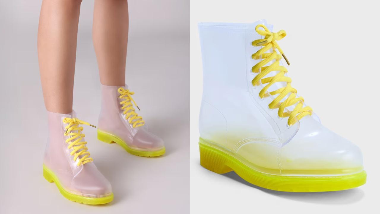 Transparent Yellow Lace-Up BootsWith anti-skid and water-resistant properties, here is a pair of boots to amp up your monsoon wardrobe. Show up at work or a casual chill scene in these pairs to stand unique from the crowd. This pair of rainboots feature a round toe and a lace-up at the front.
Get this at nykaa.comCost: Rs 1796