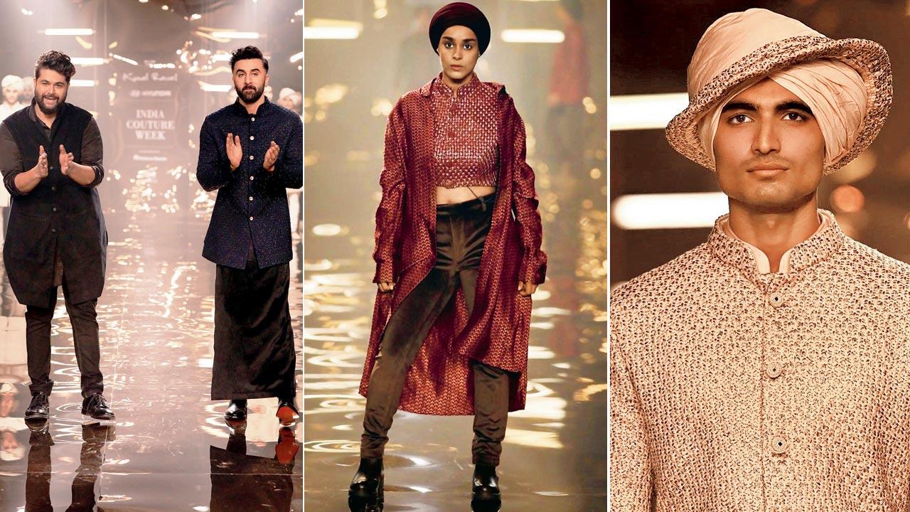 Couturier Kunal Rawal takes a bow with showstopper Ranbir Kapoor; (below left) a model seen in one of the couturier’s designs and wearing a dastar (Sikh turban) 