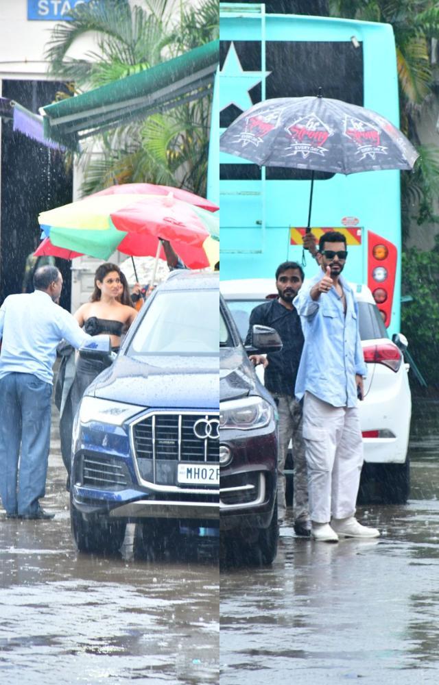Actors arrive for shoot amid heavy rain