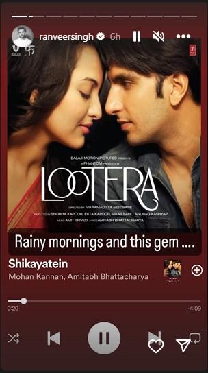 Ranveer Singh posted a series of Instagram stories to remember the film, starting with this 'rainy day' song, Shikayatein. The music of Lootera was one of the biggest assets of the film