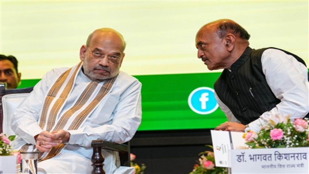 Cooperation Minister Amit Shah on Wednesday asked NABARD to fix targets for financing agriculture sector and rural development for the next 25 years when India will complete 100 years of Independence. Photos: PTI/ANI