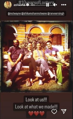 Sonakshi Sinha shared a photo with Vikramaditya Motwane and Ranveer Singh as she celebrated 10 years of Lootera