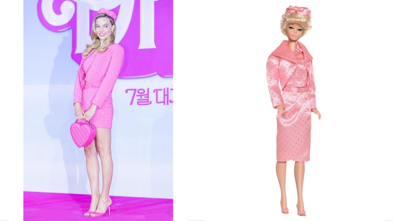 Robbie's outfit sprung from a ‘Sparkling Pink’ Barbie set that dazzled girls in 1964. Dressed in a pink jersey swimsuit, it came with an evening coat, wrap skirt, bolero, blouse, hat, shoes and faux pearl earrings