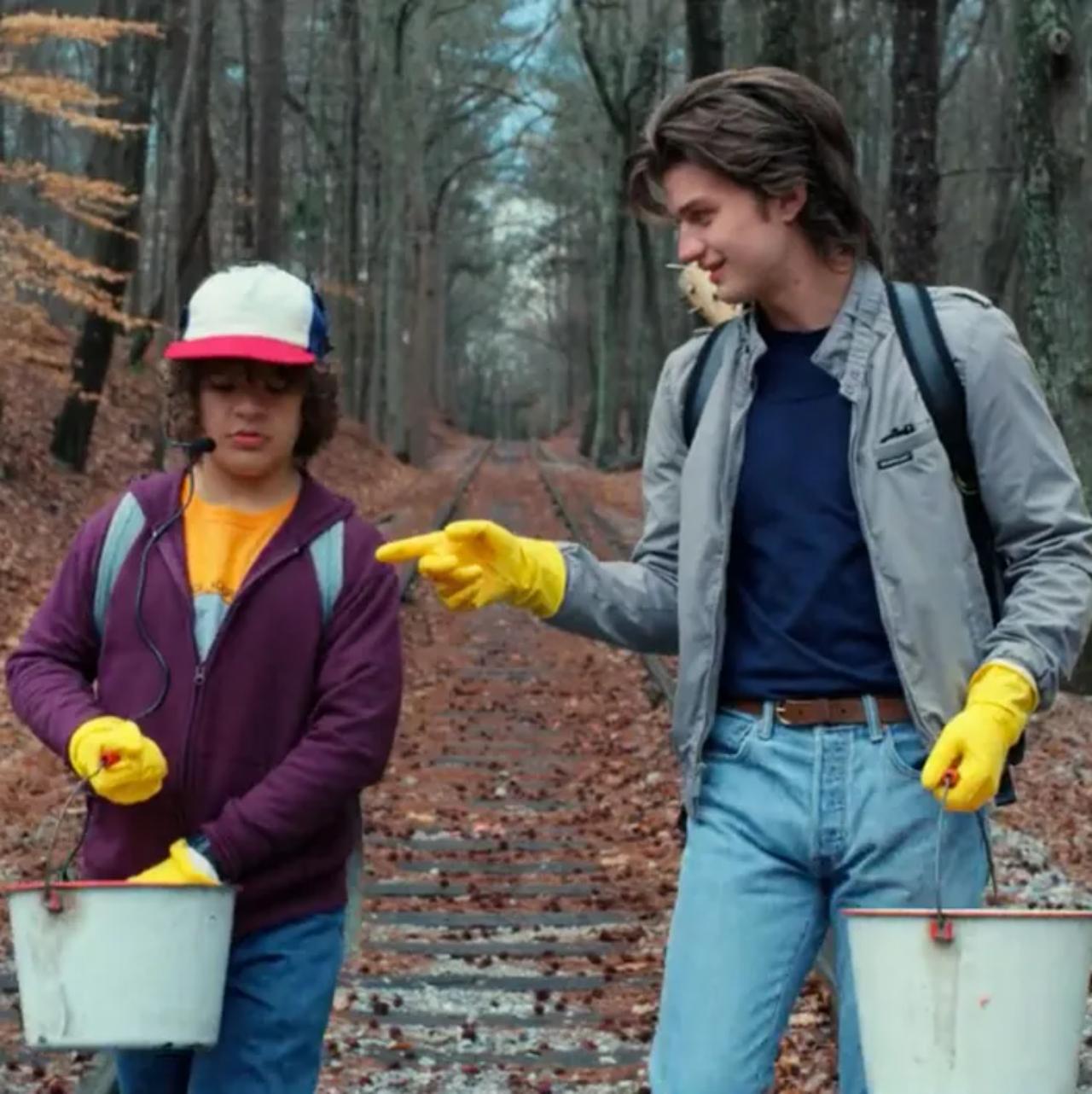 Steve Harrington and Dustin Henderson in Stranger Things
At the Wheelers' house, a chance encounter brought together the endearing Demogorgon-fighting buddies, who teamed up to capture Dart and battle demo-dogs. During this adventure, Dustin supported Steve through his breakup with Nancy, and in return, Steve offered dating advice...and let's not forget the hairstyling tips
