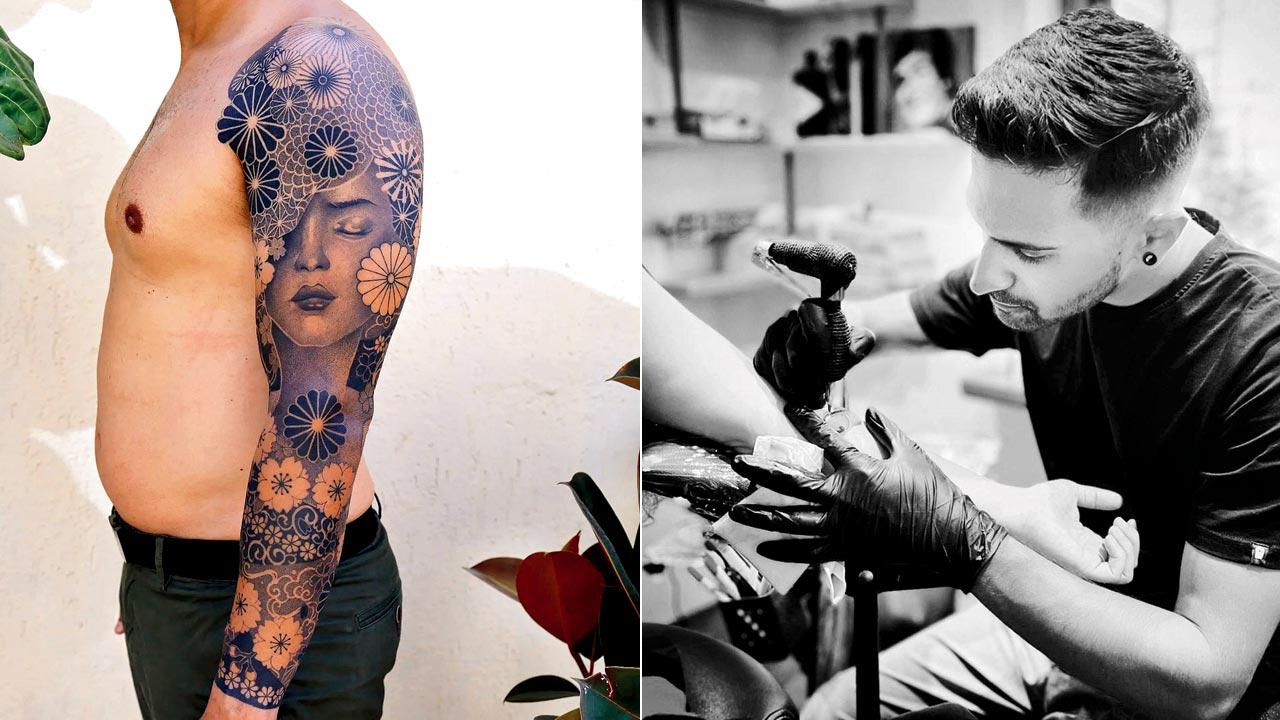 (Left) The full sleeve tattoo; (right) Zaheer Chhatriwala