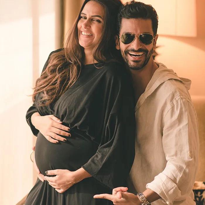 Neha Dhupia and her partner share cheeky smiles and hold their baby bump in a series of endearing and playful pictures