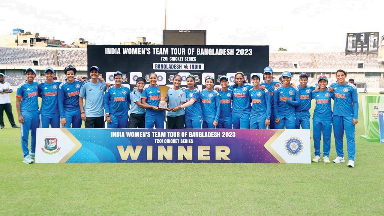 India players after their 2-1 series win over B’desh. Pic/BCCI