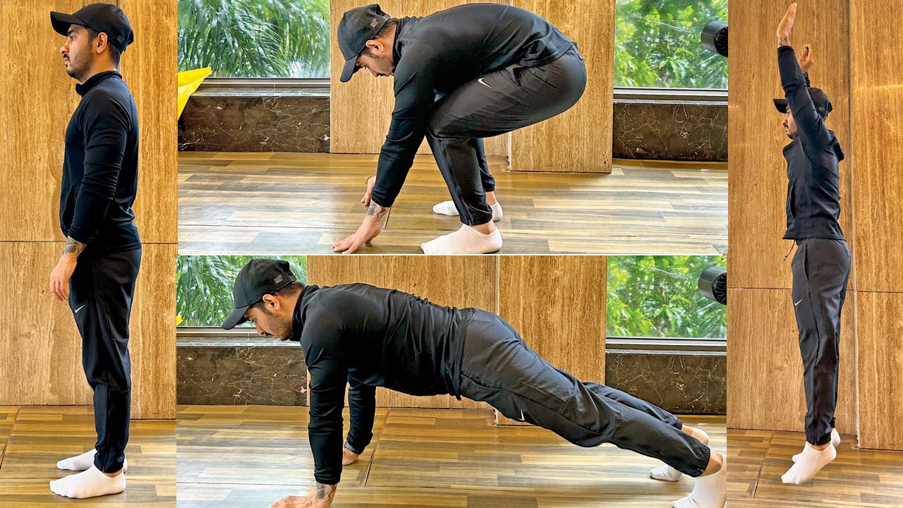 Positions one, two, three and five of burpee